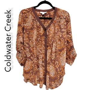 Coldwater Creek Brown & Orange Sheer Boho Three Quarter Sleeve Blouse